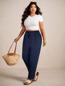 Elaquor Plus Size Casual Solid Color Tapered Pants - Navy Blue - View 6