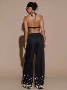 SHEIN BAE Bộ đồ nữ thời trang gồm áo hai dây hở lưng đính sequin và quần dài, hoàn hảo cho các bữa tiệc. Lý tưởng cho những buổi hẹn hò lãng mạn, đi làm, đi chơi, tiệc tối trang trọng và tiệc cocktail. Bộ vest nữ trang phục Halloween cho nữ, trang phục thu đông cho nữ - màu đen - Xem 2