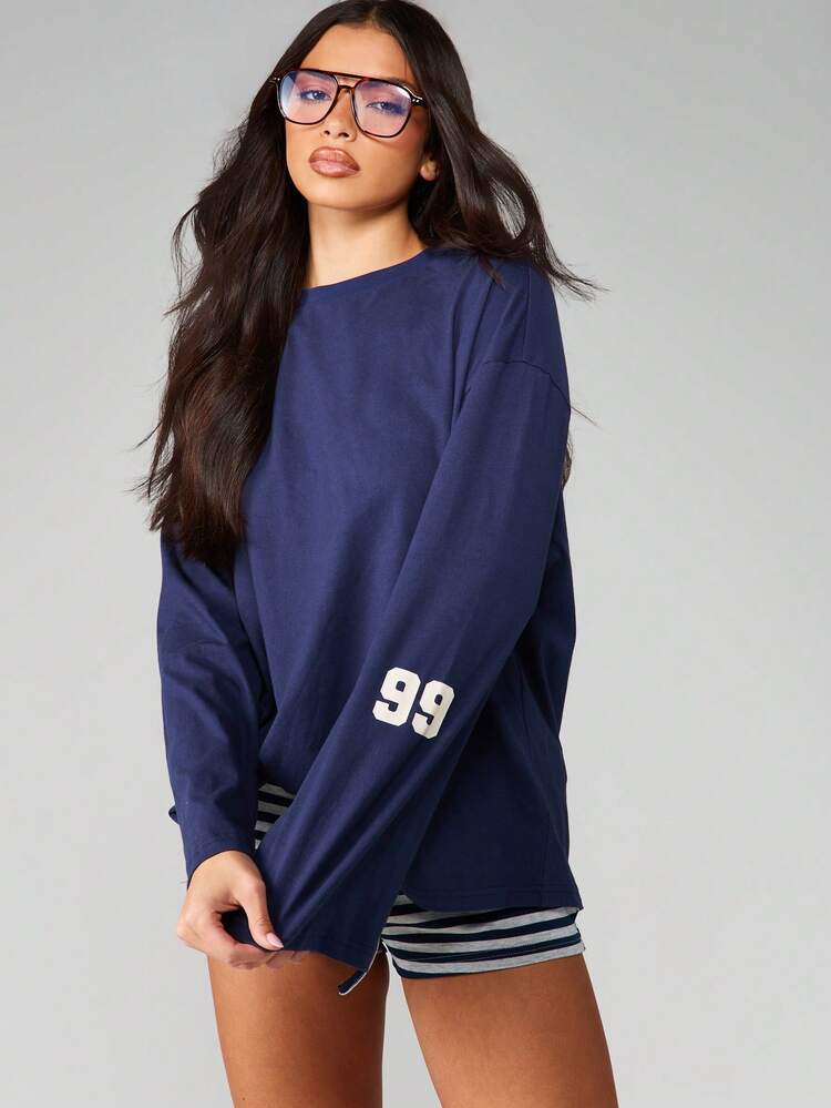 MISSGUIDED Long Sleeve Crew Neck T-Shirt With Varsity Print