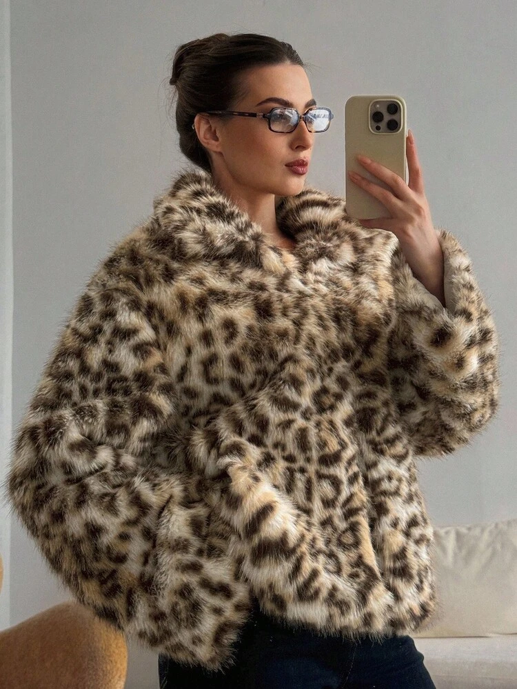 Leopard Print Loose Long Sleeve Lapel Casual Street Jacket, Faux Fur Coat For Women, Autumn/Winter