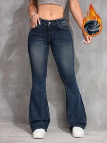 SHEIN PETITE Women's Casual Washed Low Waist Slim Fit Flare Leg Jeans - Dark Wash - View 6