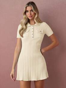 Enchnt Women's Solid Color Polo Collar Short Sleeve Casual Knit Dress - Apricot - View 4