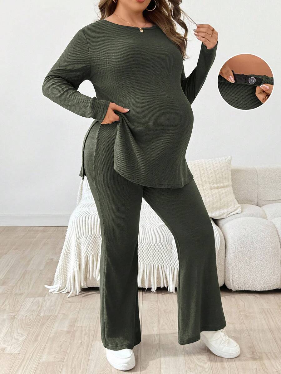 SHEIN 2 件套孕妇装加大码女式纯色圆领长袖侧开衩 T 恤和可调节腰部喇叭裤，休闲 - 軍綠色 - 查看 1