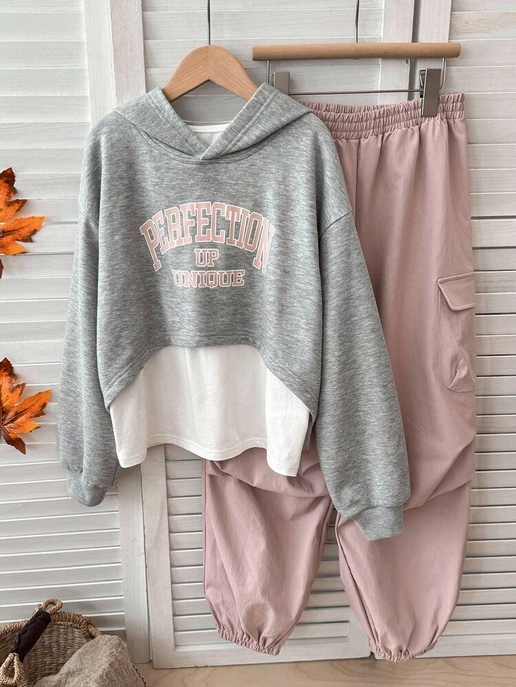 Tween Girl Letter Print Hoodie T-Shirt And Cargo Pants Set