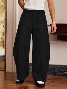 SWAVVY Standard Size Men Fashion Casual Super Loose Blue Striped Embroidered Long Pants, Fall - Black - View 3