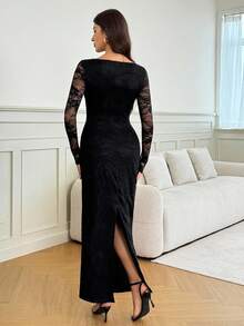 SHEIN Tall Sexy Lace Long Sleeve Fitted Bodycon High Slit Dress For Party, Date, Evening, Spring & Summer