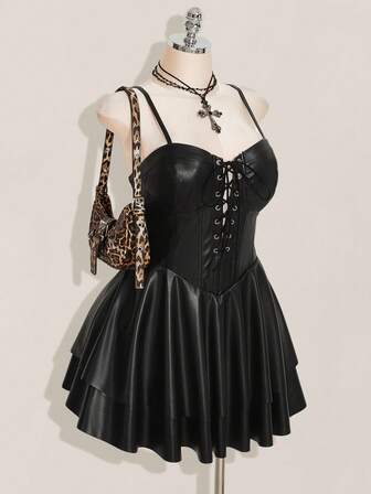 SHEIN ICON Women's Plus Size Y2K Millennial Style Sexy Street Avant-Garde Fashion Bold V-Neck Front Center Tie Multi-Layered Skirt Black Slim Leather Mini Dress