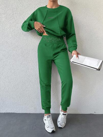 EURMUSE Women's Casual Sweatshirt And Sweatpants 2 Pieces Set, Autumn Green Sweatsuits For Women Two Piece Set Women Comfy Green Set Women 2 Piece Casual Sets Woman Green 2 Piece Set