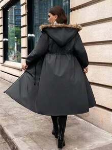 SHEIN Clasi 大码女式羽绒服，优雅黑色防水面料，带口袋，连帽，中长款冬季外套 - 黑色 - 查看 3