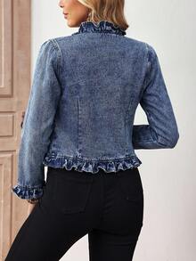 EMERY ROSE Women's Casual Washed Denim Jacket With Ruffle Trim Front Opening, Autumn - Blue - View 2