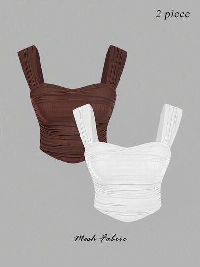 SHEIN MOD 2 件女士甜心领浪漫纯色荷叶边吊带衬衫