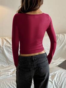 Teen Girls' Long Sleeve Slim Fit T-Shirts, Solid Color Ruched Bust Cute Sweet Girl Casual Shoulder Tee, Back-To-School, Cute, Holiday Family Outdoor Spring Picnic Everyday Wear, Suitable For Various Occasions