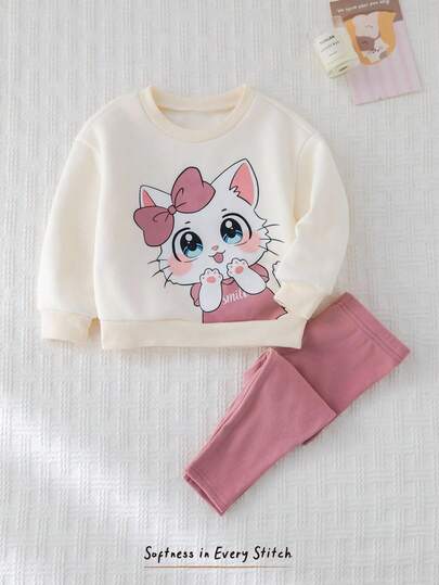 Cozy Pixies 2 Stück Baby Mädchen süßer Cartoon Muster Rundhals Langarm Fleece Sweatshirt und einfarbige Leggings mit elastischem Bund Set, Herbst/Winter