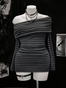 Sunspun 大码女式性感条纹露肩斜领长袖休闲条纹面料高弹舒适街头短款灰色连衣裙，长款休闲连衣裙 - 深灰色 - 查看 1