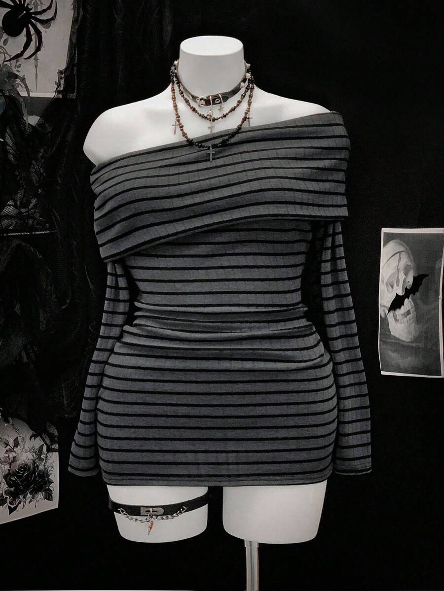 Sunspun 大码女式性感条纹露肩斜领长袖休闲条纹面料高弹舒适街头短款灰色连衣裙，长款休闲连衣裙 - 深灰色 - 查看 1