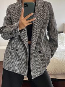 Livesso 女士宽松翻领西装外套，秋季商务装 - 灰色 - 查看 1