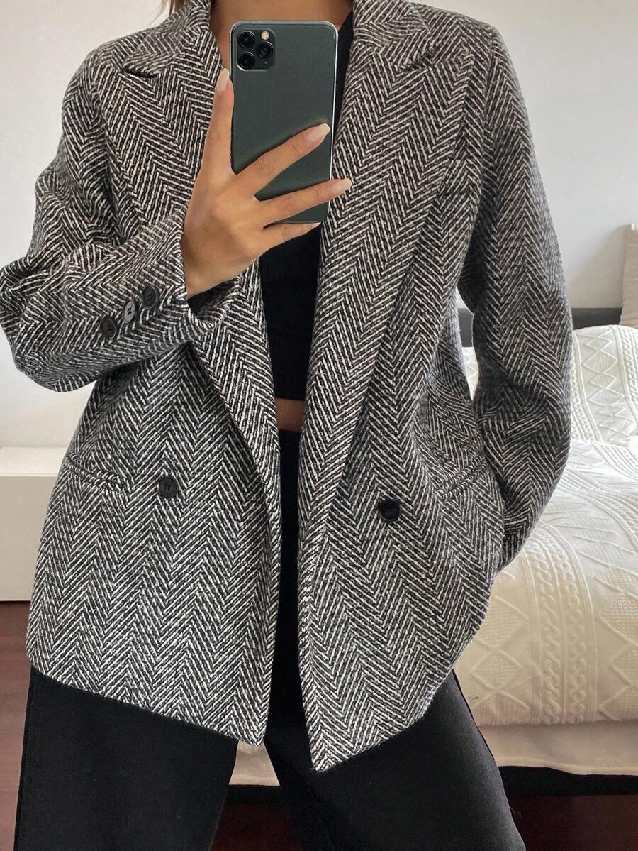 Livesso 女士宽松翻领西装外套，秋季商务装 - 灰色 - 查看 1