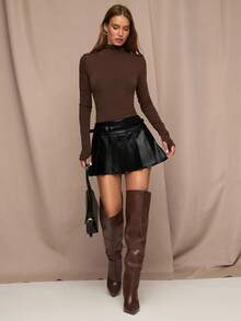 SHEIN BAE Women's Solid Color Waist Buckle Design Pleated Fashion Skirt - Black - View 6