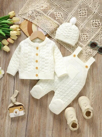 SHEIN Vintaside Kids 3pcs Newborn Baby Knit Outfit Set - Comfortable Minimalist Crew Neck Long Sleeve Cardigan, Paired With Bib Overalls & Adorable Hat Baby Set Autumn Winter Season Baby Boy Knitted Set New Born Neutral Outfit White Newborn Outfit Newborn Clothes Set