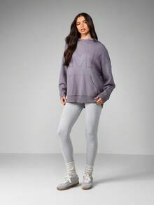 MISSGUIDED 超大冬季连帽运动衫针织套头衫，带中央口袋，罗纹饰边，家居服，休闲舒适 - 灰色 - 查看 5
