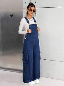 SHEIN 少女 Y2K 休闲水洗蓝色牛仔背带裤，女孩秋冬装，街头酷炫牛仔装 - 深色水洗藍 - 查看 5