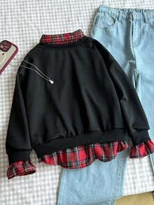 Sweetra Young Tween Girls' Casual Korean Style Sweatshirt, Woven Plaid Front Panel With Solid Knit Back, English Print, Long Sleeve Pullover Suitable For School, Outings, And Gatherings In Spring, Autumn, And Winter - Burgundy - View 2