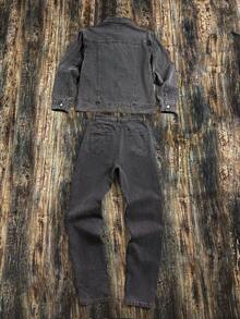 SHEIN 青少年男孩时尚休闲 Y2K 复古酷炫街头返校学院风两件套，宽松长袖灰色牛仔外套搭配舒适弹力修身牛仔裤，适合青少年男孩日常穿着，也可作为儿童秋冬季派对、节日和街头服饰的校园服装。 - 灰色 - 查看 2