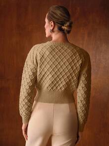 MOTF PREMIUM WOMEN'S ROUND NECK LONG SLEEVE RHINESTONE DECOR ELEGANT LONG SLEEVE CARDIGAN - Khaki - View 3