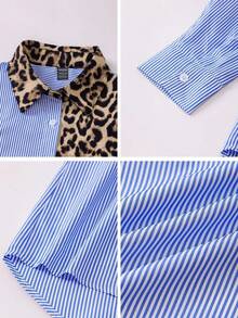 EMERY ROSE 秋季法式优雅豹纹拼色条纹宽松休闲长袖衬衫女士衬衫 - 藍色 - 查看 7