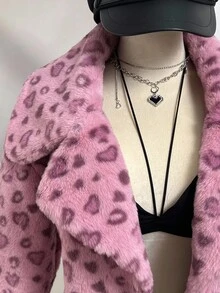 SHEIN Unity 1件女士仿皮草外套，粉色蓬松爱心印花毛领休闲夹克，适合冬季/情人节穿着 - 粉色 - 查看 4