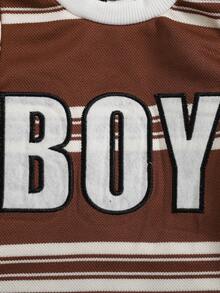 SHEIN Playful Pals Infant Boys' Casual Ribbed Crew Neck Striped Embroidered Front Long Sleeve Jumpsuit, Autumn/Winter - Coffee Brown - View 5