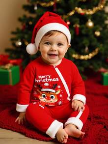 SHEIN Playful Pals Baby Jungen süßes Weihnachtsmuster bedruckter Fleece-gefütterter Romper mit Druckknopfverschluss und Mütze, Herbst/Winter