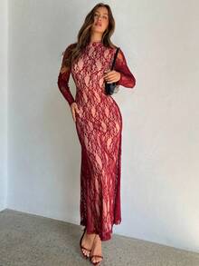 Aloruh Women's Floral Lace Trim Stand Collar Long Sleeve Fitted Dress, Elegant - Burgundy - View 1