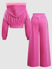 2pcs/Set Young Girls Elegant Fashion Comfortable Party & Street Velvet Hoodie Sweatshirt Jacket & Loose Fit Sweatpants Set, Pink Faux Fur Patchwork, Cute Casual Retro Autumn/Winter, Matching Mother-Daughter, Sister Sets Pink Clothes Pink Outfit Full Outfit Set Valentines Day Pink Outfit Pink Set Christmas Clothes Pink Outfit Teen - Pink - View 5