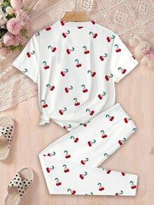 SHEIN Tween 女童休闲可爱复古樱桃印花贴身短袖圆领 T 恤和紧身裤家居服套装，Gal 风格，日式甜美，JP 少女时尚 - 彩色 - 查看 4