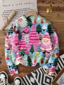 EMERY ROSE Women's Knitted Pullover Sweater, Suitable For Christmas, Santa Claus Print Autumn Winter Clothes For Women,Christmas