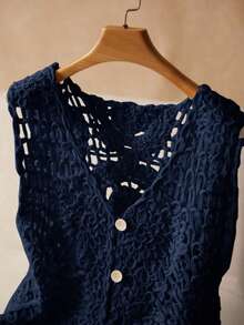 Elaquor Plus Size Women's Solid Color Minimalist Sleeveless Sweater Vest, Everyday Wear Spring To Summer - Navy Blue - View 5