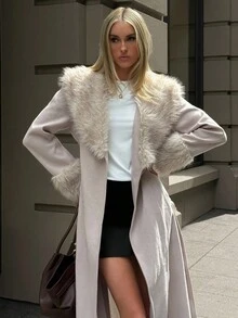 Aloruh 女式优雅仿毛领修身长款大衣，配仿毛袖，秋冬 - 杏色 - 查看 8