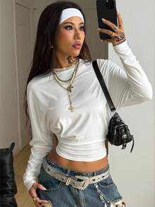 Coolane Damskie jesienne, minimalistyczne, codzienne ubrania w stylu Y2K, casualowe, z powrotem do szkoły, rozciągliwe, białe, luźne, marszczone, skrócone koszulki z długim rękawem