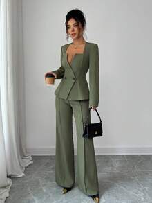 Elenzga 2pcs Women Asymmetrical Collar Cinched Waist Jacket And Straight Leg Pants Set, Elegant & Romantic - Army Green - View 7