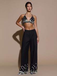 SHEIN BAE Bộ đồ nữ thời trang gồm áo hai dây hở lưng đính sequin và quần dài, hoàn hảo cho các bữa tiệc. Lý tưởng cho những buổi hẹn hò lãng mạn, đi làm, đi chơi, tiệc tối trang trọng và tiệc cocktail. Bộ vest nữ trang phục Halloween cho nữ, trang phục thu đông cho nữ - màu đen - Xem 6