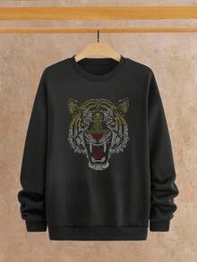 Manfinity NXTstreet Sudadera casual con estampado de tigre y aplicaciones de rhinestone para hombre, para otoño e invierno - Negro - Ver 1