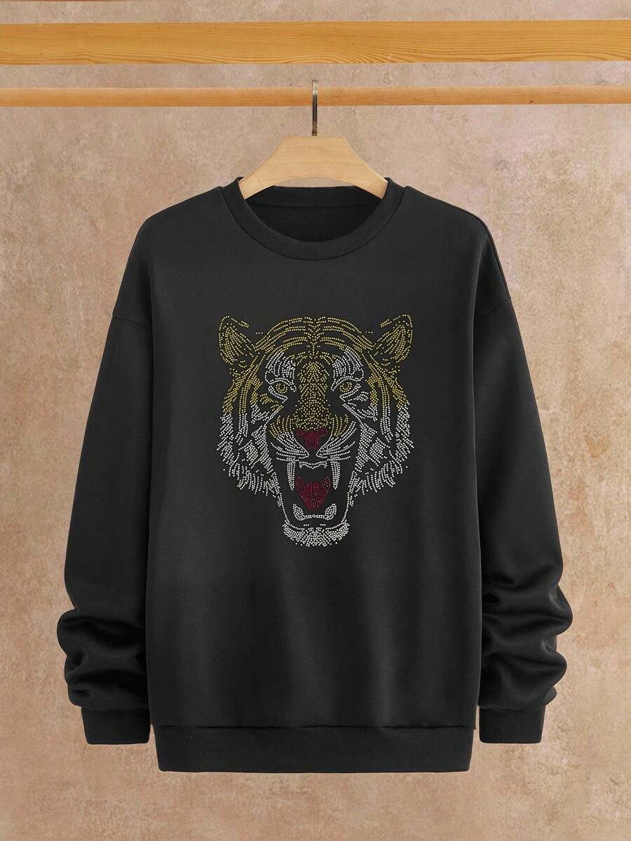 Manfinity NXTstreet Sudadera casual con estampado de tigre y aplicaciones de rhinestone para hombre, para otoño e invierno - Negro - Ver 1