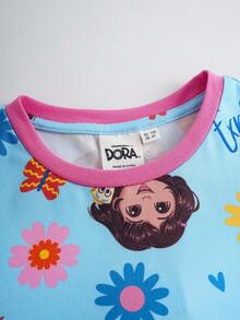 DORA | SHEIN 年轻女孩卡通人物图案圆领插肩长袖蝴蝶结针织蓝色连衣裙 - 藍色 - 查看 3