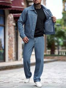 Manfinity Homme 男士休闲条纹纽扣牛仔夹克和牛仔裤套装，秋季