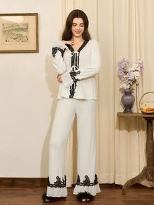 Côtesoire French Elegant Lace Knitted Ribbed Women Pajama Set, Fall Clothes - White - View 4