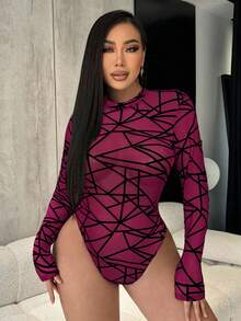 SHEIN SXY Plus Size Women Long Sleeve Flocked Bodysuit, Suitable For Nightclub Party, Autumn/Winter