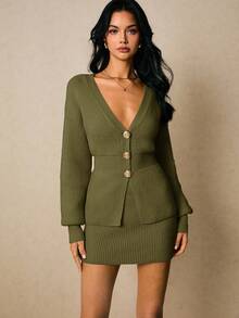 Poéselle Bộ 2 món áo khoác cardigan trơn màu thanh lịch đi làm cho nữ và chân váy dệt kim - xanh quân đội - Xem 7