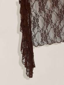 SHEIN ICON Plus Size Black V-Neck Ruffle Trim Short Front Long Back Slip Dress, Y2K Sexy Spaghetti Strap Ruffle Hem Dress - Brown - View 9