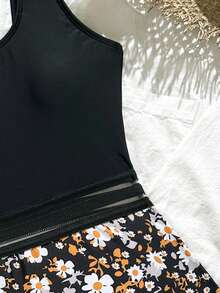 Swim Lushoire Floral Print Mesh Insert One Piece Swimsuit,Summer Beach - Multicolor - View 5